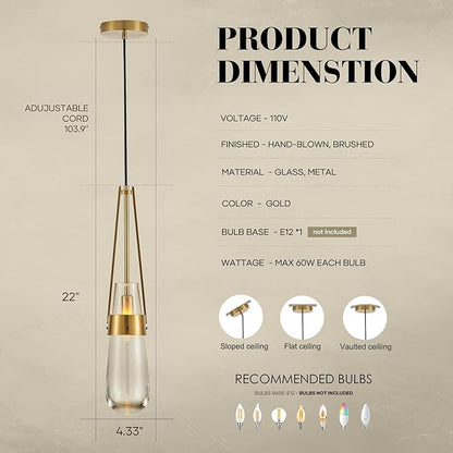 Raindrop Pendant Light Fixtures, Brass Glass Pendant Lighting, Teardrops Gold Hanging Light Clear Solid Glass Pendant Light Modern Chandeliers for Dining Room Porch Corridor Living Room