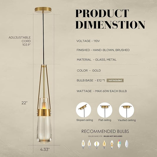 Raindrop Pendant Light Fixtures, Brass Glass Pendant Lighting, Teardrops Gold Hanging Light Clear Solid Glass Pendant Light Modern Chandeliers for Dining Room Porch Corridor Living Room