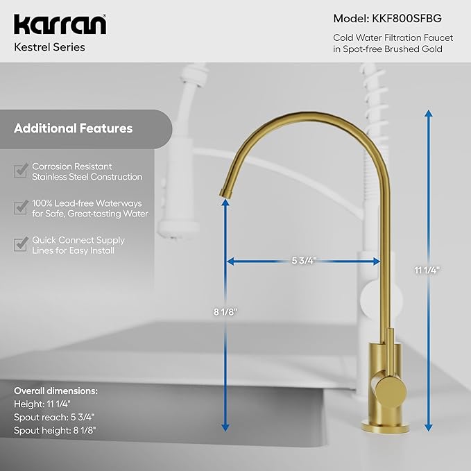Karran Kestrel Single-Handle Filtered Water Faucet in Brushed Gold 100% Lead-Free Brass, RO/Filtration System Ready, 360° High-Arc Spout, Spot-Free Finish Beverage Faucet (Spot Free Brushed Gold)