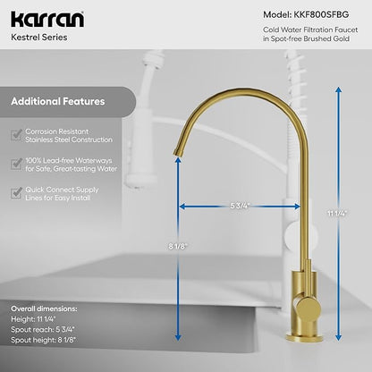 Karran Kestrel Single-Handle Filtered Water Faucet in Brushed Gold 100% Lead-Free Brass, RO/Filtration System Ready, 360° High-Arc Spout, Spot-Free Finish Beverage Faucet (Spot Free Brushed Gold)