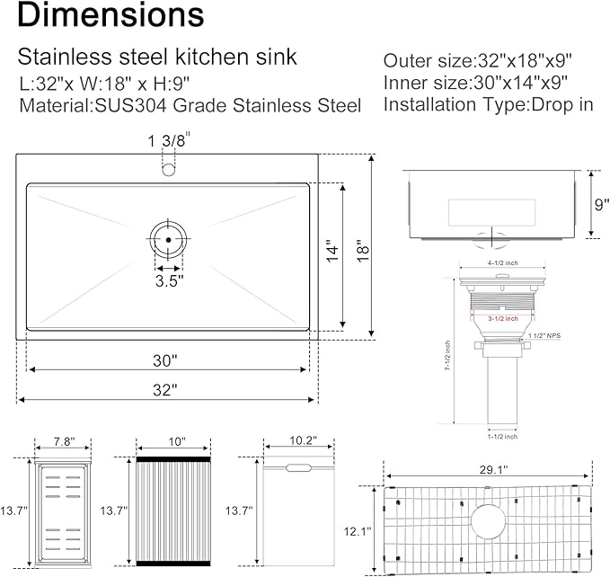 32-inch Workstation Sink Drop in, Single Faucet Hole Single Bowl Kitchen Sink 18 Gauge Stainless Steel Handmade Sink with Integrated Ledge,32"x18"x9"
