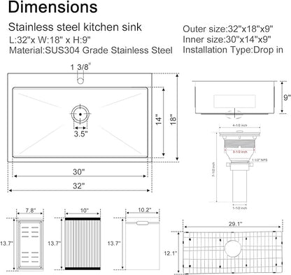 32-inch Workstation Sink Drop in, Single Faucet Hole Single Bowl Kitchen Sink 18 Gauge Stainless Steel Handmade Sink with Integrated Ledge,32"x18"x9"