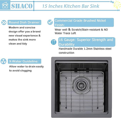 SHACO 15x15 Black Undermount Bar Sink, 15 Inch Gunmetal Black Single Bowl Kitchen Sink, Handmade Stainless Steel 16 Gauge Workstation Laundry Single Bowl with Accessories