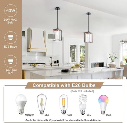 Farmhouse Pendant Light in Wood and Metal Cage, Rustic Pendant Light with Glass, Adjustable Hanging Light Fixtures, Mini Pendant Lighting for Kitchen Island, Hallway, Foyer (Square Brown-2 Pack)