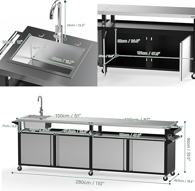 Stanbroil Rolling Outdoor Kitchen Island with Stainless Steel Table Top & Storage Cabinets, Sink&Faucet Included, Extra Large