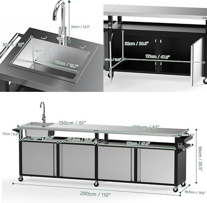 Stanbroil Rolling Outdoor Kitchen Island with Stainless Steel Table Top & Storage Cabinets, Sink&Faucet Included, Extra Large