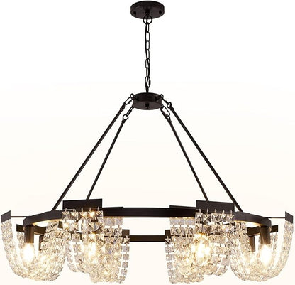 36" Black Chandelier, 6-Light Crystal Chandeliers for Dining Room, Dining Room Light Fixtures Over Table, Farmhouse Kitchen Island Lighting, Modern Pendant Lights for Living Room, Bedroom, Entryway