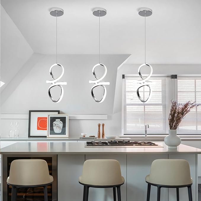 6000K Modern LED Pendant Lights, 24W LED Pendant Lights Kitchen Island Lighting, Chrome Adjustable Height Hanging Light Fixture for Kitchen Study Corridor Stairs Dining Room, 1 Pack