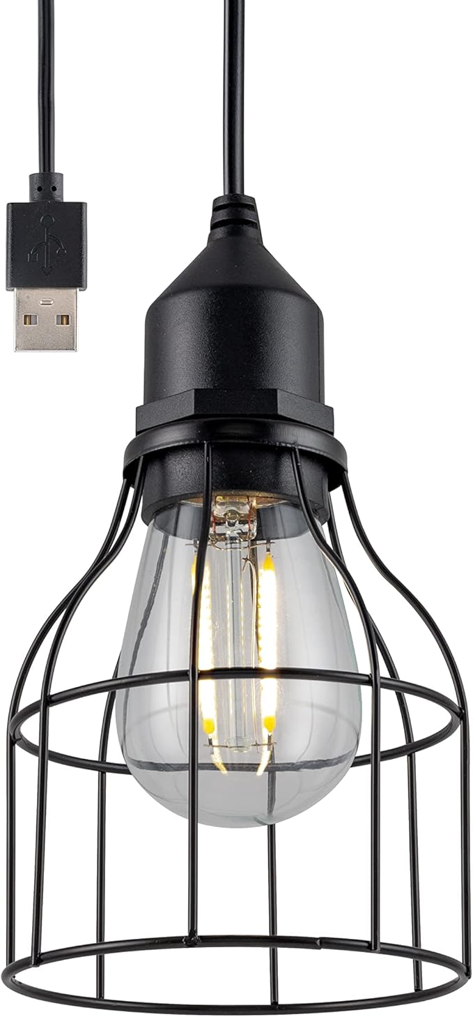 UltraPro USB LED Pendant Light with Cage, Hanging Light Fixture, Lightweight, Vintage Farmhouse Style, Camping, Garage, Shed, Storm Shelter and More, 61747