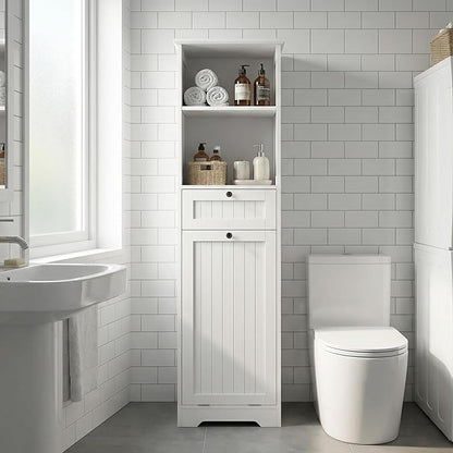 Casaphoria 55 Inch Tall Laundry Sorter Cabinet, Narrow Bathroom Storage Cabinet with Tilt-Out Hamper and Drawer, Freestanding Space-Saving Organizer for Laundry Room, White
