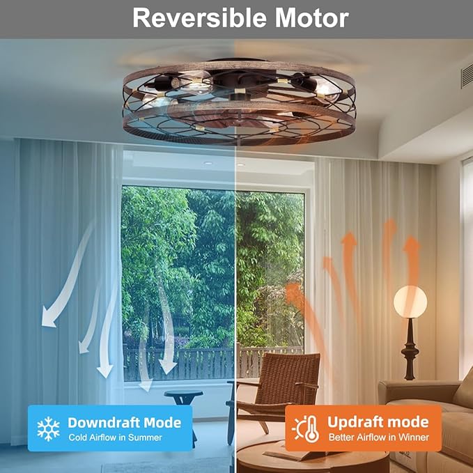 SHLUCE 21.7" Farmhouse Flush Mount Caged Ceiling Fans with Lights and Remote, Low Profile Fandelier Ceiling Fan with Light, Small Rustic Bladeless Ceiling Fan with Light for Kitchen, Bedroom, 6 Speeds