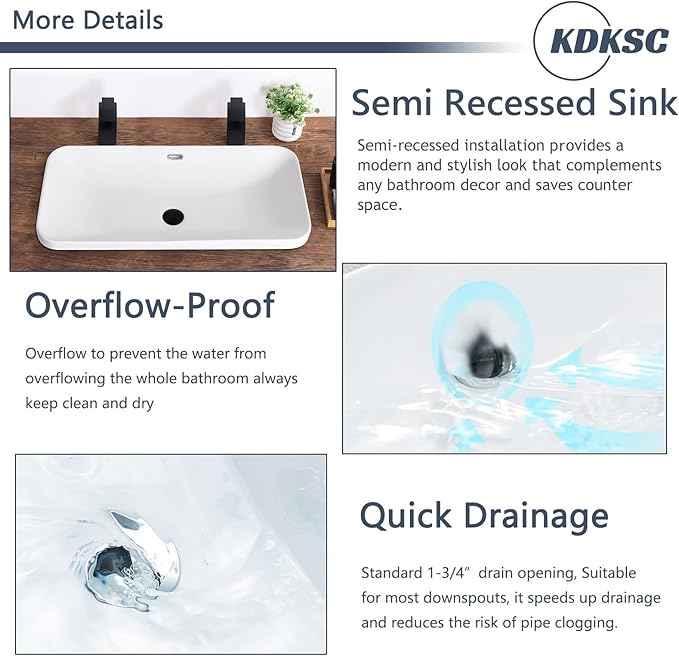 Bathroom Vessel Sink 31.5" X 16.5" Semi Recessed Bathroom Sink Rectangular Drop In Bathroom Sinks with Overflow White Ceramic Vessel Sinks for Bathroom Modern Above Counter Basin Vanity Sink