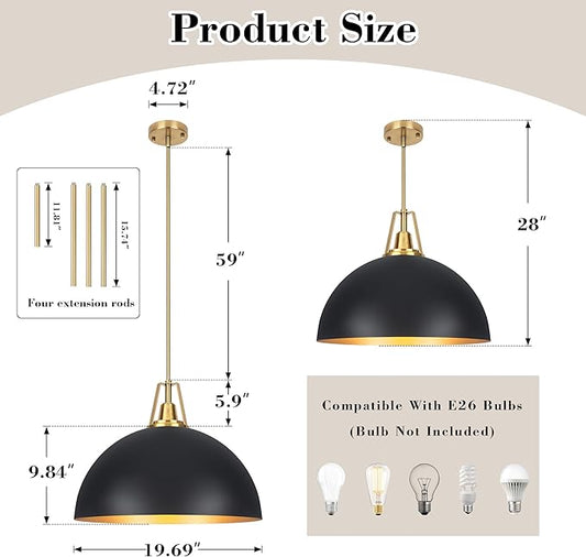 19.69" Large Black Dome Pendant Light Fixtures, Black and Gold Dome Pendant Lights for Kitchen Island, Farmhouse Chandeliers for Dining Room, Living Room, Bedroom, Entryway, Foyer