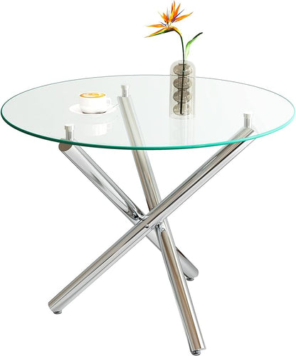 Pvillez 36“ Round Dining Table for 4, Contemporary Tempered Glass Dining Table, Small Dinner Table with Silver Cross Metal Base, Round Clear Kitchen Table Writing Desk for Dining Kitchen