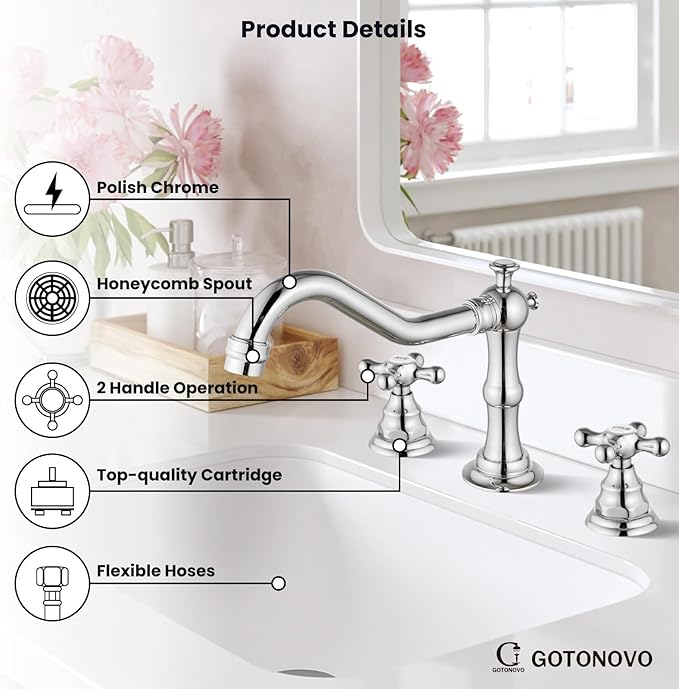 gotonovo Bathroom Faucet 3 Hole 8 Inch Widespread Bathroom Sink Faucet 2 Cross Handles Vintage Lavatory Vanity Mixer Tap with Pop Up Drain, HOT Cold Label, Polish Chrome