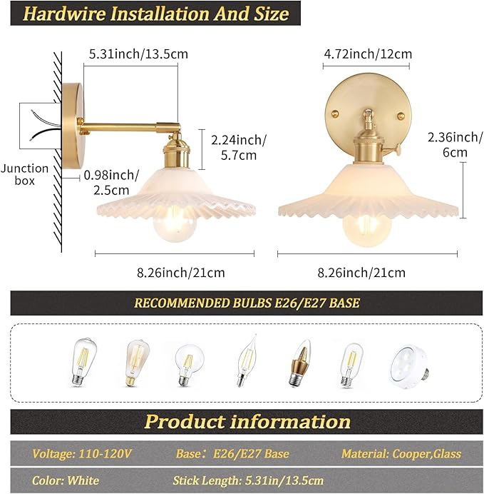 Shenmoyl Vintage Wall Sconces with White Lotus Glass Lampshade 180 Degree Adjustable Brass Sconces Hradwired Modern Wall Lighting Fixture with Switch for Bedside Bedroom Doorway