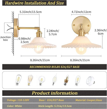 Shenmoyl Vintage Wall Sconces with White Lotus Glass Lampshade 180 Degree Adjustable Brass Sconces Hradwired Modern Wall Lighting Fixture with Switch for Bedside Bedroom Doorway