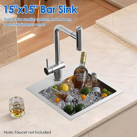ROVOGO 15 Inch Bar Sink Drop In, 304 Stainless Steel Small Kitchen Sink, 15"x15"x6" Single Bowl Square Wet Bar Prep Sink with 1 Faucet Hole and Drain Assembly, Topmount, Brushed
