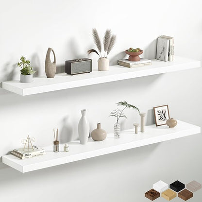 Fun Memories 66 Inch Floating Shelves, 12 Inch Deep Wall Shelf for Fireplace Mantel, White Deep Storage Shelves for Home & Office, Long Floating Shelf with Invisible Bracket, Set of 2