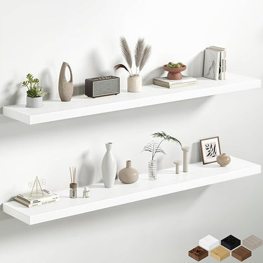 Fun Memories 66 Inch Floating Shelves, 12 Inch Deep Wall Shelf for Fireplace Mantel, White Deep Storage Shelves for Home & Office, Long Floating Shelf with Invisible Bracket, Set of 2
