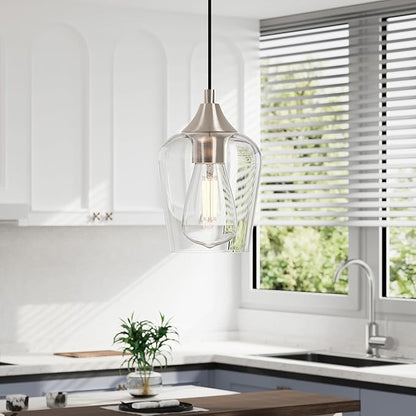 VONLUCE Pendant Lights Kitchen Island, Brushed Nickel Pendant Light Fixtures with E26 Base & Adjustable Cable, Modern Pendant Lighting with Glass Shade for Living Room Bedroom Hallway, 2 Packs