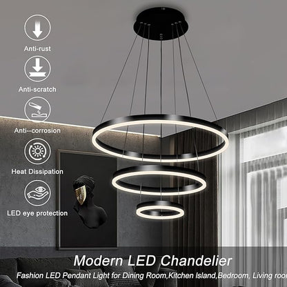 Viruhaka Modern LED Pendant Light, Black Circular Chandelier Fixture, Adjustable Height Circular Entrance Pendant Light, Suitable for Restaurants, Kitchens, Islands, Living Rooms, Cafes, Etc. (4000K)