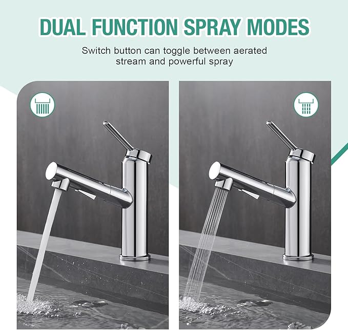 Faustina Bathroom Faucet with Pull Out Sprayer, Polished Finish Bathroom Sink Faucet for Vanity or Laundry, Stainless Steel 1 Handle with Deck Plate for 1 or 3 Hole