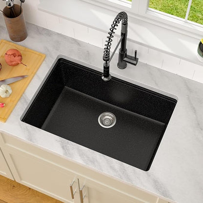 Dcolora 28 In. Matte Black Undermount Granite Composite Sink, Single Bowl Workstation Kitchen Sink, Quartz Blend Construction, Modern Ledge Design, 28"x19"x10" #DC-GU0004BS