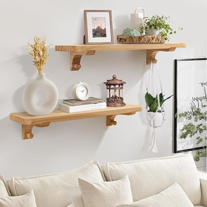 Wooden Floating Shelves for Wall, 22.6" W x 6" D x 0.8" H Large Wall Shelves, Hanging Storage Shelf with Hooks for Living Room, Kitchen, Bathroom, Bedroom Decor, Natural, 2 Packs