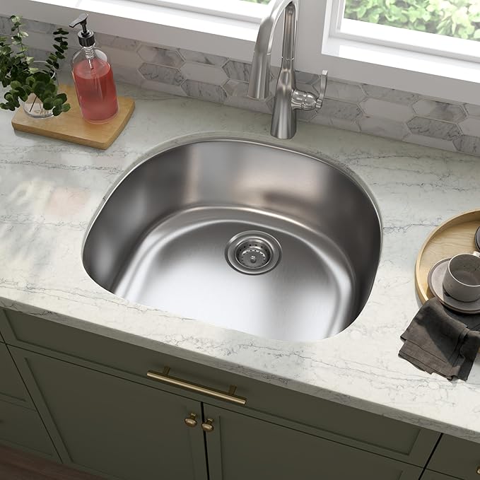 MSI 23 Inch x 21 Inch Undermount Single Bowl 18 Gauge Stainless Steel Kitchen Bar Sink and Strainer