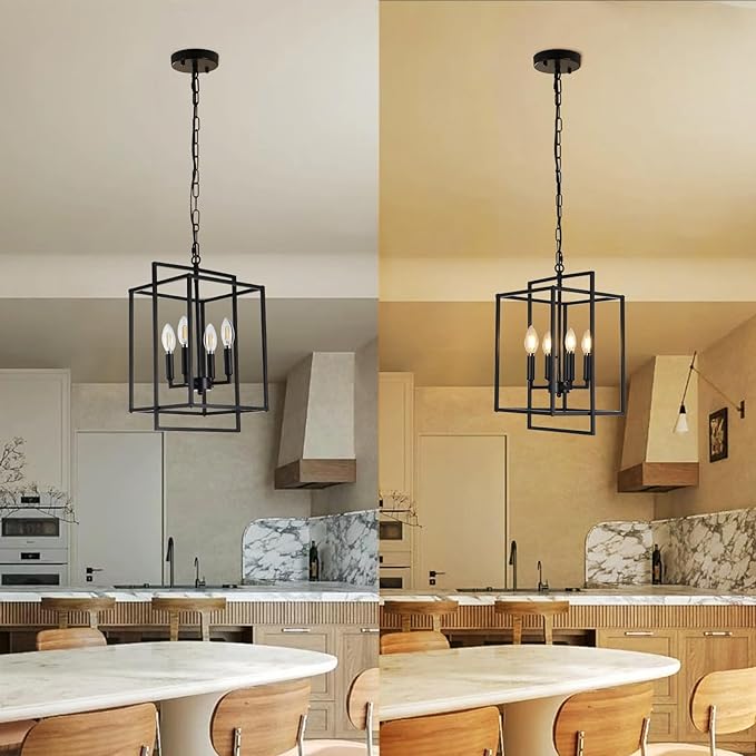 Black Chandelier, 4-Light Modern Farmhouse Foyer Lighting Fixtures, Rustic Geometric Chandeliers for Dining Room, Adjustable Metal Lantern Pendant Light for Stairway Entryway Kitchen Island
