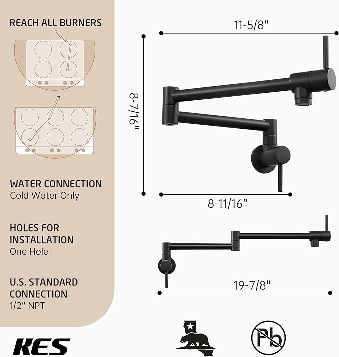KES Pot Filler Folding Kitchen Faucet Double Joint Swing Arm Sink Faucet Articulating Wall Mount Two Handle Single Hole, Matte Black, cUPC NSF Certified Lead-Free, KN926LFF18-BK