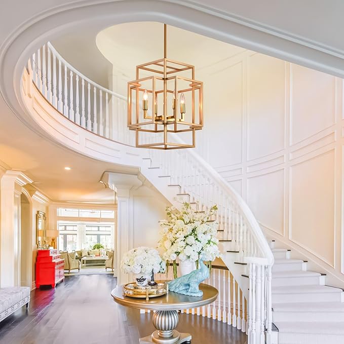 4-Light Gold Chandelier, Farmhouse Lantern Pendant Light Industrial Ceiling Foyer Lighting Fixtures, Modern Chandeliers for Dining Room, for Kitchen Island Staircase Hallway Entryway