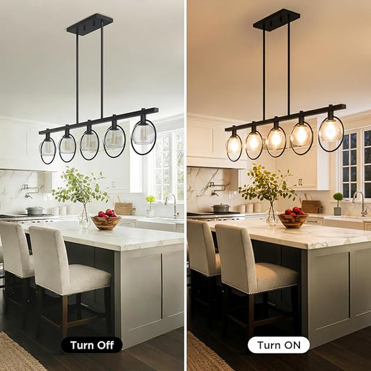 ropelux Dining Room Light Fixture, 5-Light Chandelier for Kitchen Island Over Table with E12 Socket(Bulb not Included), Black Rustic Hanging Pendant Light Fixtures with Clear Gray-Tinted Lampshade