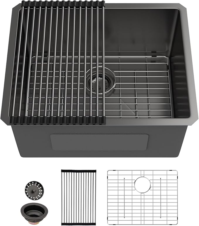 Sarlai 24 Inch Laundry Sink - 24x19 Inch Black Undermount Kitchen Sink 12 Inch Deep Utility Laundry Sinks Stainless Steel Single Bowl Under Counter Handmade Laundry Utility Room Basin