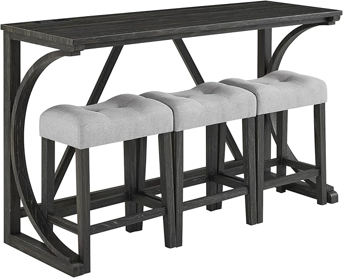 HABITRIO Bar Table and Chairs Set, 4 Piece Kitchen Table Set with Power Outlet, High Top Table with 3 Fabric stools for Small Space, Dining Room, Black