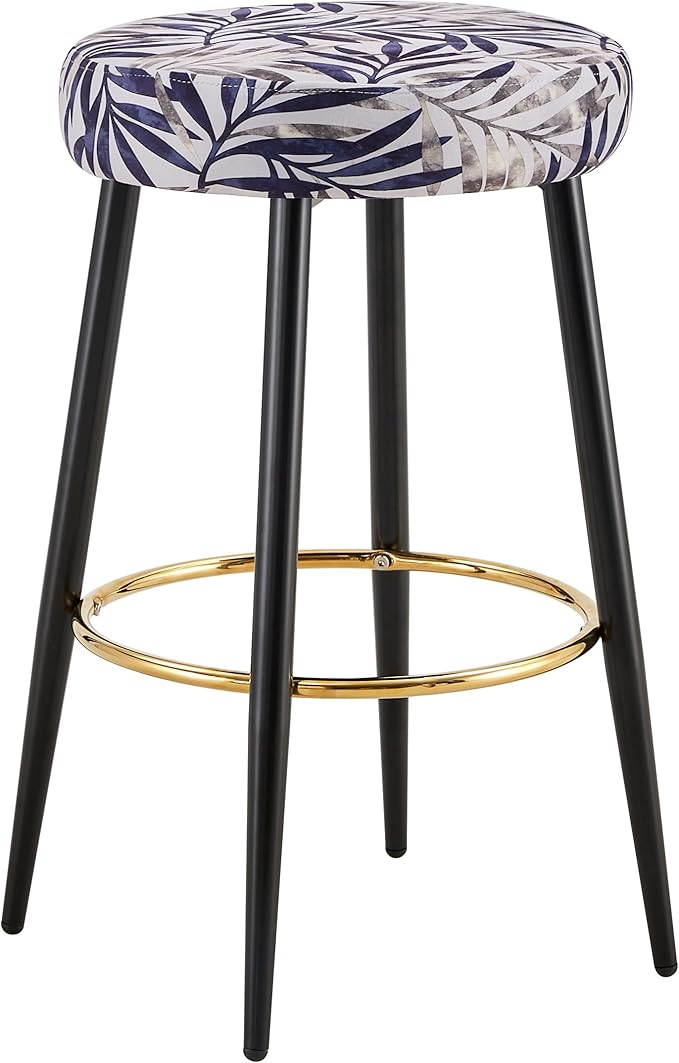 Counter Height Bar Stools Set of 2, PU Kitchen Stools Upholstered Dining Chair Stools 24 Inches Height with Golden Footrest for Kitchen Island Coffee Shop Bar Home Balcony Silver Leaves Velvet