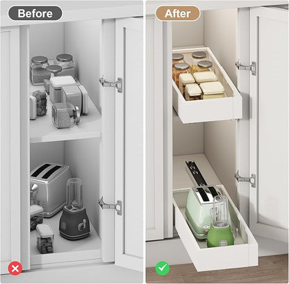 Pull out Cabinet Organizer,Expandable Width(7"-11"),Depth(17"-24"),Roll out Drawers,No Drill Adjustable Slide out Shelves for Kitchen,Pantry,for Both Lip and Lip-Free Cabinets,White(1PC)