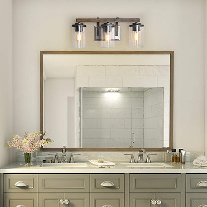 LALUZ Bathroom Vanity Light Fixtures, 3-Light Farmhouse Vanity Light with Clear Glass Shades, Faux Wood, 20’’ L x 6.3’’ W x 8.7’’ H