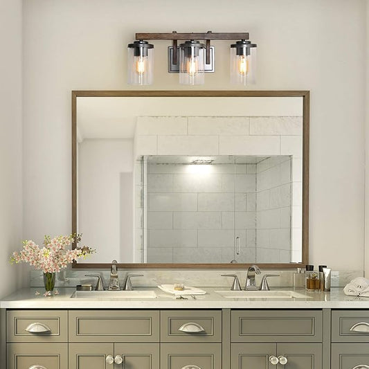 LALUZ Bathroom Vanity Light Fixtures, 3-Light Farmhouse Vanity Light with Clear Glass Shades, Faux Wood, 20’’ L x 6.3’’ W x 8.7’’ H