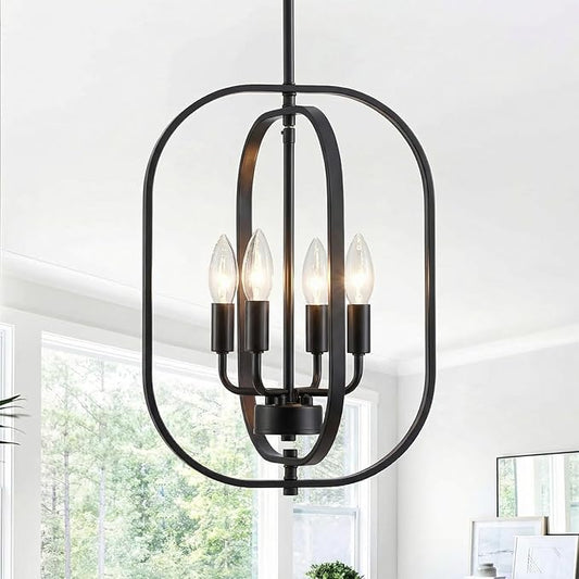 XINGQI Modern Chandeliers for Dining Room, 12.2" Farmhouse Rustic Geometric Pendant Lighting Fixture Metal Black 4-Light Ceiling Lamp for Entryway Bedroom Hallway Foyer Kitchen Office Bar