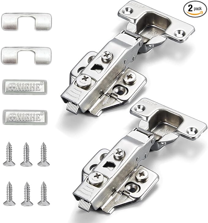 XIEHE Hardware 110 Degree Clip-on Soft Closing Full Overlay Frameless Hinges 2 Pack, for Kitchen Cabinets Door Brushed Nickel 3D Flush Mount European Hinge with Screws