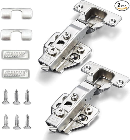 XIEHE Hardware 110 Degree Clip-on Soft Closing Full Overlay Frameless Hinges 2 Pack, for Kitchen Cabinets Door Brushed Nickel 3D Flush Mount European Hinge with Screws