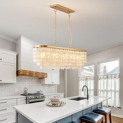 5 Light Capiz Shell Chandelier Rectangular Coastal Chandeliers for Dining Room,Gold Light Fixtures Over Table Kitchen Island Lighting Fixtures Ceiling Hanging Mount(42" Large Pendant Lights)