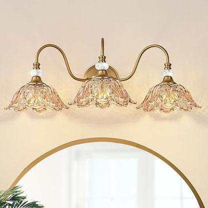 Vintage Bathroom Vanity Light, 3-Light Matte Deep Brass Finish Vanity Light with Flower-Shaped Amber Glass Shades, Retro Wall Sconce for Bathroom