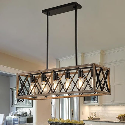 Farmhouse Dining Room Light Fixtures,Rustic Vintage Antique Linear Chandeliers for Dining Room,Kitchen Island,Bar,Office Coffee Shop,Oak White and black Adjustable Hanging Pendant Light 6-Lights