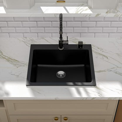 Kichae 25 Granite Composite Kitchen Sink - 25"x22" Grainte Quartz Drop In Topmount Black Deep Single Bowl Basin