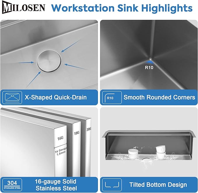 MILOSEN 33 Inch Undermount Kitchen Sink, 33" x 19" Stainless Steel Sinks, Single Bowl Workstation Sink with Custom Accessories, Handmade Under Counter Design, 9'' Depth Large and Deep Kitchen Sinks