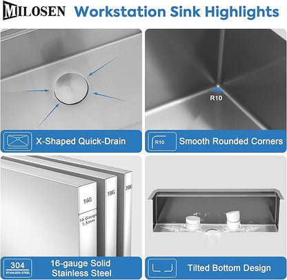 MILOSEN 33 Inch Undermount Kitchen Sink, 33" x 19" Stainless Steel Sinks, Single Bowl Workstation Sink with Custom Accessories, Handmade Under Counter Design, 9'' Depth Large and Deep Kitchen Sinks