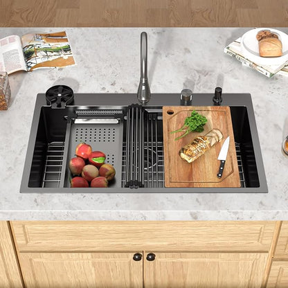 36 Inch Black Drop In Kitchen Sink with Faucet Waterfall 16 Gauge Stainless Steel Workstation All-In One Single Bowl 3-Holes Sink with Cup Washer, Soap Dispenser, Gunmetal Black #TLWF-0032
